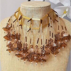 CZECH Amber glass flower cascade choker necklace collier